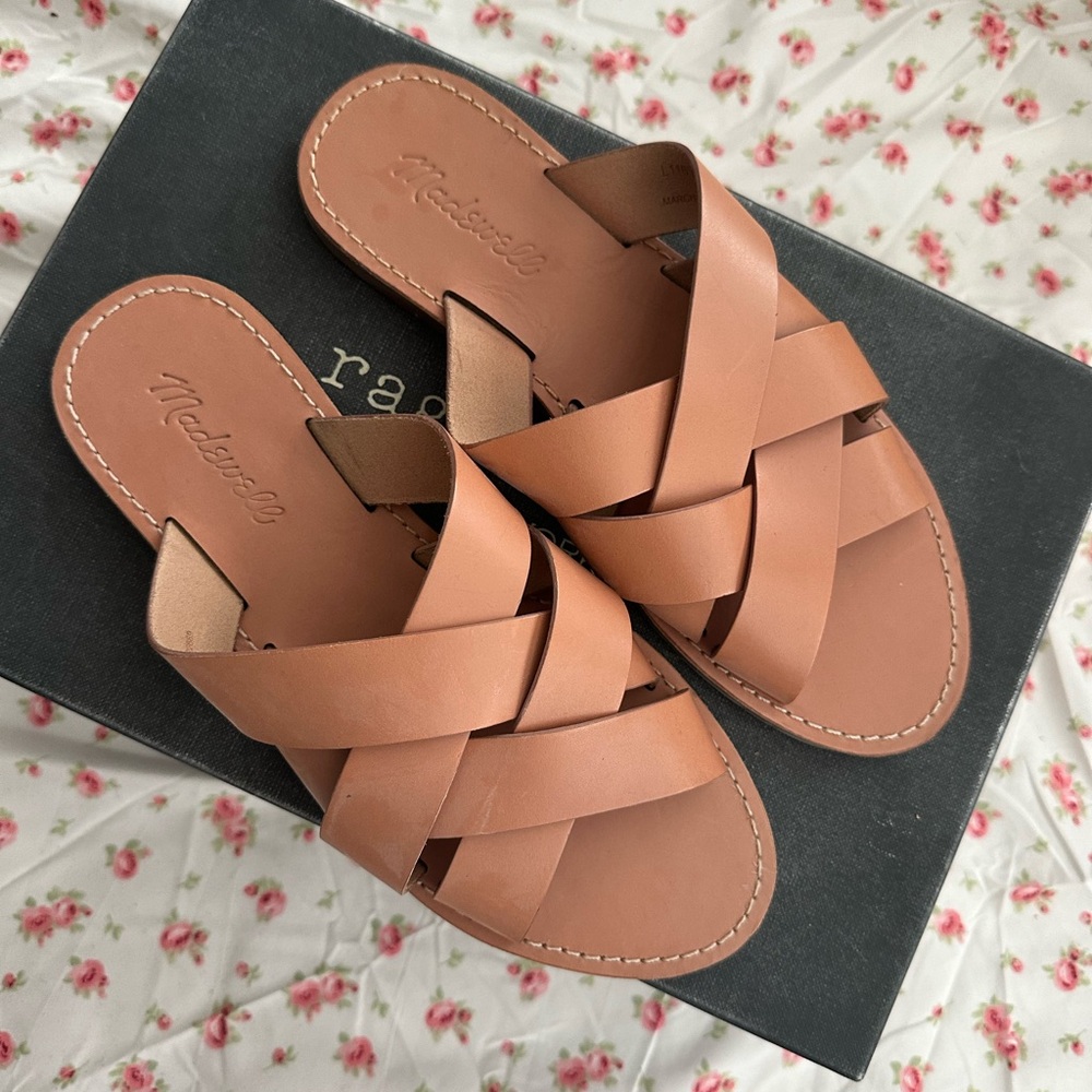 Madewell Woven Leather Slide Sandals in Tan